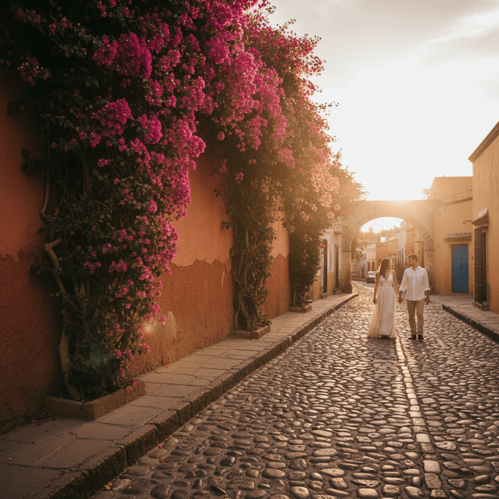 Golden hour on a cobblestone street in San Miguel de Allende